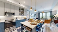This thoughtfully designed single-floor residence combines modern aesthetics with functional living across an open, well-connected layout. The kitchen is a standout feature, showcasing two-tone cabinetry with soft grey uppers and bold blue-grey lowers, stainless steel appliances, white subway tile backsplash, and a central island with built-in shelving and seating — illuminated by elegant brass pendant lights. The kitchen flows seamlessly into the living area, where large windows with floor-length curtains invite abundant natural light and frame outdoor views. The living room features light hardwood-style flooring and a distinctive woven pendant fixture overhead.

The primary bedroom is a serene retreat with a ceiling fan, multiple windows, and light hardwood floors. It connects to a spa-inspired bathroom featuring a dual-sink vanity with blue-grey cabinetry, white quartz countertops, a glass-enclosed walk-in shower with white subway tile, and striking terracotta hexagonal floor tiles. A dedicated walk-in closet with built-in shelving and hanging rods provides ample storage. The second bedroom offers the same warm, light-filled atmosphere with its own access to a similarly appointed bathroom. Throughout, the residence balances a cohesive color palette with curated design details.