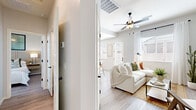 This thoughtfully designed one-bedroom, one-bathroom residence maximizes every square foot of its single-floor layout with a clean, modern aesthetic and cohesive design elements throughout. Light wood-look flooring flows seamlessly from room to room, unifying the space and enhancing its bright, airy feel.

The living room is a welcoming focal point, featuring soaring ceilings, a ceiling fan with light fixture, and multiple windows that flood the space with natural light. A floating wood media console anchors the wall-mounted TV, adding warmth to the neutral palette.

The kitchen is well-appointed with white shaker cabinetry, white subway tile backsplash, a quartz peninsula with bar seating, stainless steel appliances including a full-size refrigerator, microwave, and range, plus a dedicated sink with window views.

The bedroom is a serene retreat with natural light from a large window, a slatted wood accent wall, built-in closet, and room for a king-size bed. The full bathroom features a white vanity with black hardware accents, wood-look tile flooring, and a window for ventilation.

A hallway with panel doors connects the rooms, and black hardware details throughout lend a modern, cohesive touch to the overall design.