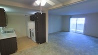 This single-floor space offers an open-concept layout that seamlessly connects the kitchen and living area, creating a cohesive and functional environment. The kitchen is equipped with white appliances, including a refrigerator and electric range, and is accented by dark cabinetry that provides a contrast to the lighter surrounding walls. Wood-style flooring runs through the kitchen area, while plush carpeting extends throughout the living space, adding warmth and comfort underfoot. A ceiling fan with a light fixture is centrally positioned, providing both air circulation and overhead lighting. The spacious living area features neutral-toned walls that lend a clean and versatile backdrop, suitable for a variety of interior styles. A sliding glass door at the far end of the living area floods the space with natural light and offers direct access to an outdoor area, enhancing the sense of openness. Visible HVAC venting ensures year-round climate comfort. The overall layout is practical and well-organized, making efficient use of the available floor plan while maintaining an open and airy ambiance throughout.