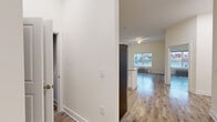 Located at 44 Courtlandt Ave in New Brunswick, NJ, this well-appointed one-bedroom, one-bathroom unit offers a thoughtfully designed layout across a single floor. The open-concept kitchen and living area serves as the heart of the home, where light-toned hardwood-style flooring flows seamlessly throughout. The kitchen is a standout feature, equipped with stainless steel appliances — including a refrigerator, range, microwave, and dishwasher — complemented by crisp white shaker cabinetry, a decorative tile backsplash, and granite countertops that extend to a peninsula ideal for casual dining or meal prep. The living area benefits from a large window that frames views of the surrounding neighborhood, while a ceiling fan adds comfort and function. The bedroom is a comfortable, private retreat with a generous closet, its own large window for natural light, and direct access to the rest of the unit. The bathroom features a clean, modern walk-in shower clad in large-format marble-style tile with a built-in corner shelf. Neutral warm tones, clean white trim, and consistent flooring throughout give the space a cohesive, move-in-ready aesthetic.
