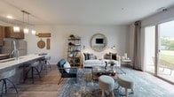 Located on Randall Road in Elgin, Illinois, this single-floor residence offers a thoughtfully designed layout that balances comfort and modern style. The open-concept living area serves as the heart of the unit, featuring wood-look luxury vinyl plank flooring, neutral toned walls, and an inviting atmosphere filled with natural light from large windows that frame outdoor views. The kitchen is outfitted with rich dark-wood cabinetry, quartz countertops, a tile backsplash, and stainless steel appliances including a gas range, microwave, refrigerator, and dishwasher. Ample cabinetry and counter space make it both functional and visually striking. The bedroom is generously sized, carpeted for comfort, and benefits from large windows that allow natural light to pour in while offering views of the surrounding landscape. A walk-in closet provides practical storage. The bathroom is finished with wood-look flooring, a quartz-topped vanity with an undermount sink, a large mirror with modern lighting, and a glass-enclosed shower. The unit's cohesive design throughout—marked by clean lines, soft neutral tones, and quality materials—creates a polished and comfortable living environment suited for everyday living in the northwest suburbs of Chicago.
