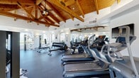 This fitness center offers an inviting and spacious environment designed to support a comprehensive workout experience. The most striking architectural feature is the dramatic vaulted ceiling adorned with rich, exposed wooden beams and trusses, complemented by a ceiling fan that enhances airflow throughout the space. Crisp white walls and large arched windows allow abundant natural light to flood the interior, creating an open and energizing atmosphere with views of the surrounding landscaping.

The rubber-floored workout area is divided into distinct training zones. The cardio section is outfitted with a row of TRUE treadmills and elliptical machines, each equipped with individual display screens. A dedicated strength training zone features multiple Hoist cable machines and functional training stations, as well as a full dumbbell rack with adjustable benches for free weight exercises. Floor-to-ceiling mirrors line portions of the walls, visually expanding the space and allowing users to monitor their form.

A wall-mounted television is positioned for easy viewing during cardio sessions, and recessed lighting supplements the natural light. A small entry vestibule with tile flooring provides a transitional area before entering the main gym floor. The overall design blends rustic architectural charm with modern fitness amenities, offering a motivating and well-appointed facility.