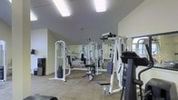 The fitness center at Brandywine is a dedicated single-floor exercise space designed to support a range of workout routines. The room features vaulted ceilings that lend a sense of openness, while large fluorescent panel lighting ensures the space remains consistently well-illuminated throughout. The walls are finished in a neutral tone, contributing to a clean, focused environment.

The facility is equipped with multiple white-framed cable and resistance machines, offering users a comprehensive selection of strength training options. Adjustable benches are positioned throughout the space to complement the machines and accommodate a variety of exercises. A full-length mirror along the back wall enhances the sense of depth while allowing users to monitor their form.

Natural light filters in through an arched window, adding a welcoming element to the otherwise functional space. Carpeted flooring runs throughout the room, providing comfort underfoot. Cardio equipment is also present, visible along the perimeter. The overall layout is organized and spacious, allowing multiple users to exercise simultaneously without feeling crowded.