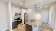 This 560 square foot apartment in Charlotte, NC offers a compact yet well-designed living space. The single-floor layout comprises one bedroom, measuring 160 square feet, a full bathroom, and an open-concept living area. The modern kitchen is a standout feature, boasting granite countertops, stainless steel appliances, and a combination of light and dark cabinetry. A convenient breakfast bar separates the kitchen from the living area, enhancing the flow of the space.

The apartment benefits from ample natural light, courtesy of large windows fitted with horizontal blinds. The floors throughout are finished with durable, wood-look laminate, adding warmth and easy maintenance to the space. A ceiling fan in the bedroom provides additional comfort and air circulation.

Notable amenities include in-unit laundry with stacked washer and dryer, and a walk-in shower in the bathroom. The bedroom, while compact, offers sufficient space for a queen-sized bed and essential furniture. Storage solutions are integrated throughout, including closet space and kitchen cabinetry.

The neutral color palette, predominantly in shades of white and beige, creates a bright and airy atmosphere, making the space feel larger than its actual square footage. This apartment is ideal for singles or couples seeking a modern, low-maintenance living space in a convenient Charlotte location.