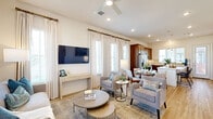 Located at 18131 Bluegrass Park Ln in Cypress, TX, this single-story home offers a thoughtfully designed layout across two bedrooms, two bathrooms, and a dedicated office. The open-concept living, dining, and kitchen area serves as the heart of the home, featuring light hardwood flooring, recessed lighting, and a ceiling fan. Large windows dressed with floor-to-ceiling drapes flood the space with natural light. The kitchen is equipped with rich, warm-toned cabinetry, white quartz countertops, stainless steel appliances, a tile backsplash, and a deep undermount sink. The bedrooms are carpeted and generously sized, with the second bedroom offering ample space for dual occupancy. The office provides a quiet, carpeted retreat with tall ceilings and natural light from a window. Both bathrooms are well-appointed; one features a double-sink vanity with dark wood cabinetry, large-format tile flooring, and a glass-enclosed walk-in shower. A dedicated laundry room houses a full-size top-load washer and dryer. Three closets provide generous storage throughout. The home's bright, neutral palette and cohesive design create a clean, welcoming atmosphere throughout.