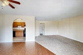 Located at 38 N Summit Ave in Gaithersburg, MD, this single-floor, two-bedroom, one-bathroom home offers a practical and comfortable layout. The open living and dining area is a central highlight, featuring a combination of wood-style hard flooring and plush carpeting, a ceiling fan with light fixture, and large sliding glass doors that lead to a private balcony with outdoor views — filling the space with natural light and a sense of openness. An arched pass-through connects the living area to the kitchen, which is equipped with warm wood cabinetry, granite-style countertops, a stainless steel sink, a gas range, and a dishwasher, all set over durable wood-style flooring. Both bedrooms are carpeted and bathed in natural light from sliding windows with outdoor views. The primary bedroom is generously sized and includes a dedicated closet. The second bedroom also offers ample space and closet access. The full bathroom features a clean, white-tiled tub and shower surround. With four closets throughout, storage is plentiful. The neutral color palette and well-maintained finishes give the home a clean, move-in-ready feel throughout.
