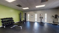 Located at 5039 Chalet Ct in Tampa, Florida, this fitness center is a single-floor facility designed to support a comprehensive workout experience. The space is divided into distinct functional zones, each thoughtfully outfitted for different training needs.

The cardio area houses multiple treadmills and an elliptical machine, positioned alongside a wall of large windows with vertical blinds that invite natural light and offer outdoor views. A set of French doors provides additional brightness and easy access to the exterior.

The strength training zone features a cable machine, adjustable weight bench, and a full dumbbell rack with a tiered storage stand, ideal for a range of free weight exercises. This area is accented by a bold lime green accent wall, adding energy and visual interest to the space.

Throughout the facility, dark rubber flooring provides a durable, slip-resistant surface suitable for all types of exercise. Drop ceilings with recessed fluorescent panel lighting ensure consistent, even illumination across the entire floor plan. Motivational fitness artwork is displayed along the neutral gray walls, contributing to an encouraging atmosphere.

A mirrored wall section in one area enhances the sense of space and supports form-checking during workouts. The overall layout is open and spacious, allowing for ample movement and flexibility in how the space is used.