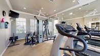This fitness center is a thoughtfully designed exercise space contained on a single floor, offering a comfortable and functional environment for a well-rounded workout routine. The room is finished with neutral gray walls, crown molding, and carpeted flooring, lending a clean and polished aesthetic throughout.

The space is equipped with multiple True-brand treadmills, a cable and weight stack multi-functional gym machine, and additional strength and cardio equipment to support a variety of training needs. Full-length mirrors line one wall, visually expanding the room and allowing users to monitor their form during exercises. A mounted television is also visible within the mirrored section, adding an entertainment option during workouts.

Natural light flows generously into the space through several large windows fitted with white blinds, offering pleasant views of the surrounding greenery. Recessed lighting and dual ceiling fans are installed overhead, ensuring the room remains well-lit and well-ventilated during use. An entry door with a glass panel provides access to the room, which also displays posted facility rules and occupancy guidelines. Overall, the fitness center delivers a bright, airy, and fully functional workout environment.