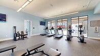 This modern fitness center is thoughtfully designed to support a comprehensive workout experience across a spacious, open single-floor layout. The space is finished with durable speckled rubber flooring throughout and bathed in natural light courtesy of large, floor-to-ceiling black-framed windows that look out onto an outdoor pool and amenity area, creating an energizing and open atmosphere.

The main cardio zone features a row of treadmills and elliptical machines, all equipped with individual screens, positioned directly in front of the expansive poolside windows. Nearby, a rowing machine and a Peloton-style spin bike occupy a bright corner with additional outdoor views, ideal for low-impact cardio training.

The strength training section is well-appointed with a power rack, adjustable weight benches, a full dumbbell rack, and multiple Precor cable and selectorized machines. Large mirrors line the walls in this area, enhancing the sense of space and allowing users to monitor their form. A dedicated functional training nook houses medicine balls, resistance bands, stability balls, and yoga mats on a wall-mounted storage rack, complemented by a mounted flat-screen television. Additional flat-screen TVs are placed throughout the facility, and soft blue-gray walls contribute to a clean, contemporary aesthetic throughout.