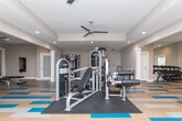 This fitness center offers a thoughtfully designed, single-floor workout facility that combines functionality with a clean, modern aesthetic. The space is immediately distinguished by its eye-catching patterned flooring — a geometric arrangement of blue, tan, and white tiles that adds energy and visual interest throughout the room.

The facility is divided into distinct workout zones. The cardio area features multiple treadmills, an elliptical, and a stair climber, all positioned along windowed walls that bring in abundant natural light and views of the surrounding greenery outdoors. Ceiling fans overhead ensure comfortable airflow during workouts.

A dedicated strength training zone houses a full rack of dumbbells displayed along a wall-length mirror, allowing for proper form checks during exercise. Additional cable and weight machines provide a comprehensive range of resistance training options, while a cable cross machine and bench press station round out the equipment selection.

The space benefits from recessed and overhead lighting, neutral taupe-toned walls, and white trim detailing with decorative columns that lend a polished, residential feel. A wall-mounted flat-screen television and a direct exterior door with views to an outdoor area add convenience and connectivity. The overall ambiance is clean, bright, and inviting — designed to motivate and accommodate a full range of fitness activities.