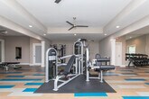 This fitness center offers a thoughtfully designed, single-floor workout facility that combines functionality with a clean, modern aesthetic. The space is immediately distinguished by its eye-catching patterned flooring — a geometric arrangement of blue, tan, and white tiles that adds energy and visual interest throughout the room.

The facility is divided into distinct workout zones. The cardio area features multiple treadmills, an elliptical, and a stair climber, all positioned along windowed walls that bring in abundant natural light and views of the surrounding greenery outdoors. Ceiling fans overhead ensure comfortable airflow during workouts.

A dedicated strength training zone houses a full rack of dumbbells displayed along a wall-length mirror, allowing for proper form checks during exercise. Additional cable and weight machines provide a comprehensive range of resistance training options, while a cable cross machine and bench press station round out the equipment selection.

The space benefits from recessed and overhead lighting, neutral taupe-toned walls, and white trim detailing with decorative columns that lend a polished, residential feel. A wall-mounted flat-screen television and a direct exterior door with views to an outdoor area add convenience and connectivity. The overall ambiance is clean, bright, and inviting — designed to motivate and accommodate a full range of fitness activities.