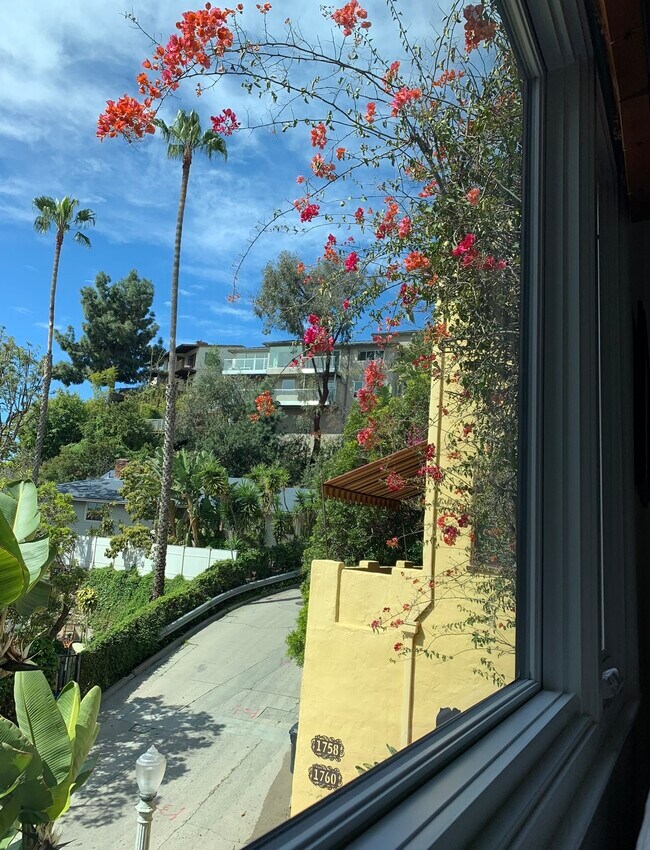 Vista desde el sofá de la sala de estar hasta la terraza del dormitorio. - 1760 N Fairfax Ave