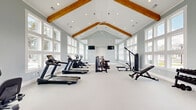 Located at 400 Claysburg Loop in Bloomingdale, Georgia, this fitness center is a thoughtfully designed exercise facility that combines architectural elegance with comprehensive workout capabilities. The space is defined by its striking vaulted ceiling adorned with exposed natural wood beams, which lend a warm, inviting contrast to the crisp, light-gray painted walls and bright white trim. Recessed lighting and large ceiling fans complement the soaring ceiling height, ensuring the space remains comfortable and well-lit throughout.

Floor-to-ceiling windows line multiple walls, flooding the interior with abundant natural light and offering views of the surrounding outdoor amenities, including what appears to be a pool area. The seamless light-colored flooring enhances the open, airy feel of the room and provides a clean, low-maintenance surface ideal for a high-traffic fitness environment.

The facility is outfitted with an impressive array of commercial-grade equipment from brands such as Spirit and Body-Solid. Cardio options include multiple treadmills, an elliptical trainer, and a stationary bike. Strength training is well-represented with multi-function cable machines, a multi-press station, adjustable benches, and a tiered dumbbell rack. A wall-mounted television is also present, adding an entertainment element to the workout experience. The layout is spacious and logically organized, allowing for comfortable, unobstructed use of all equipment.