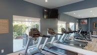 This fitness center is a thoughtfully designed, single-floor space intended to support a well-rounded workout experience. The room is finished with cool slate-blue walls and light wood-toned flooring, creating a clean, modern atmosphere throughout. Recessed lighting illuminates the space evenly, complemented by natural light streaming through multiple large windows that offer views of outdoor greenery and surrounding landscaping.

The cardio area is anchored by a row of Matrix treadmills positioned along the windowed wall, each equipped with individual digital consoles. Wall-mounted flat-screen televisions are angled toward the cardio equipment for entertainment during workouts. A large floor-to-ceiling mirror along one wall visually expands the space and allows users to monitor their form.

The strength training section houses a selection of cable and resistance machines, including a multi-functional cable station and at least one seated press machine, providing options for both upper and lower body conditioning. An elliptical trainer and additional cardio equipment round out the offerings.

The entry area features dual stainless steel drinking fountains, a decorative mirror with a wood-frame accent, a small cubby storage unit, and motivational artwork. Fitness center rules are posted prominently near the main workout floor. The overall ambiance is functional yet polished.