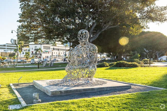 Public art, such as "Endless V", is scattered around Beverly Gardens, Beverly Hills.