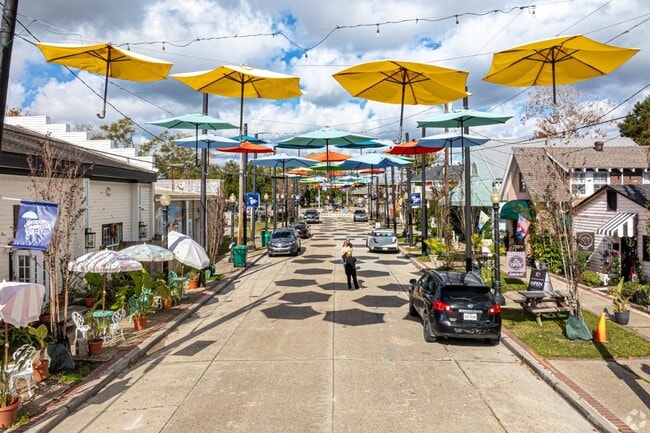 Downtown Slidell has colorful umbrellas covering local shops.