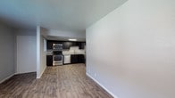 This single-floor space showcases a clean, modern aesthetic centered around an open-concept layout that seamlessly connects the kitchen to the adjacent living area. The kitchen is equipped with a full suite of stainless steel appliances, including a gas range, built-in microwave, and dishwasher, all complemented by rich, dark cabinetry that extends to the ceiling. A undermount sink sits beneath a window, allowing natural light to filter into the cooking area. Light-toned, wood-look laminate flooring runs continuously throughout the space, providing a warm contrast to the dark cabinetry and crisp white walls. The textured ceiling adds subtle dimension overhead, while white baseboards offer a clean finishing detail along the perimeter. The open wall adjacent to the kitchen provides generous flexibility for furniture arrangement in the living area, making the overall layout both functional and adaptable. The neutral color palette and modern finishes give the space a fresh, move-in-ready appeal suitable for a variety of interior styles.