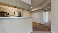 This single-floor residence features a thoughtfully designed layout that balances open common areas with functional private spaces. The living area is generously proportioned, finished with plush carpeting, and benefits from tall ceilings that enhance the sense of volume. A large window and glass sliding door allow abundant natural light to fill the space while offering views of surrounding mature trees, creating a serene, connected-to-nature ambiance. A ceiling fan adds practical comfort overhead.

The kitchen is designed for efficiency and style, featuring stainless steel appliances including a refrigerator, range, and microwave. Gray cabinetry with clean hardware lines the walls and a raised breakfast bar separates the kitchen from the living area, providing both a casual dining option and an architectural division of space. Wood-look luxury vinyl flooring runs throughout the kitchen and extends into connecting areas.

The bedroom offers generous proportions, carpeted flooring, and its own sliding glass door opening to an outdoor patio with tree views. An adjoining bathroom includes a dual-sink vanity with gray cabinetry, a well-lit mirror, and wood-look flooring, with direct access to a spacious walk-in closet. A dedicated laundry room accommodates a full-size washer and dryer, completing the practical conveniences of this well-appointed residence.