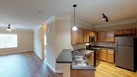 This single-floor residence offers a thoughtfully designed layout that combines functionality with classic style. The open-concept kitchen is a standout feature, showcasing warm honey-toned wood cabinetry that extends to the ceiling, complemented by dark granite-style countertops that provide both contrast and durability. A peninsula with a double stainless steel sink serves as a natural divider between the kitchen and the living area, making it ideal for both meal preparation and casual entertaining. The kitchen is equipped with stainless steel appliances, including a range and built-in microwave, and is illuminated by a stylish pendant light that adds a focal point overhead. Track lighting provides additional task illumination. Rich hardwood flooring runs throughout the main living area, adding warmth and continuity to the space. Crown molding along the ceilings lends an elegant, finished look to every room. A hallway visible from the main living area suggests well-proportioned additional rooms beyond, each benefiting from the same neutral color palette and natural light. The overall ambiance is inviting and polished, blending traditional architectural details with practical, modern finishes.