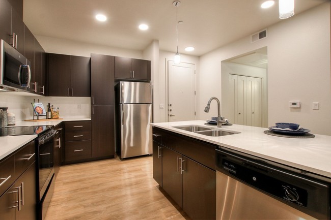 Apartment kitchen with stainless steel GE appliances, espresso slab cabinets, and quartz counters. - View 32 Apartments