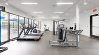 This modern fitness center in Miami, FL offers a generously sized, single-floor workout facility designed to accommodate a full range of exercise needs. The space is bright and open, featuring a clean, contemporary aesthetic with crisp white walls, high ceilings with recessed linear LED lighting, and durable rubber-floored workout areas throughout.

The main exercise floor is divided into distinct training zones. A dedicated cardio area houses multiple treadmills and stationary bikes, positioned near large floor-to-ceiling windows that provide natural light and views of the outdoor pool area. A comprehensive strength training zone features a variety of cable machines, selectorized equipment, and multi-function racks from brands including True Fitness. A free weights section provides dumbbells, barbells, and weight benches, while a functional training area offers resistance bands, stability balls in multiple sizes, battle ropes, and a multi-station rig for dynamic workouts. Full-length mirrors are strategically placed to assist with form and expand the sense of space.

The facility also includes two well-appointed restrooms finished with large-format neutral tiles, modern white vanities, wall-mounted mirrors, and private stall partitions. The overall design prioritizes functionality and cleanliness, creating an inviting environment suited for a wide variety of fitness routines.