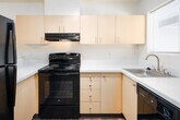 This single-floor unit offers a practical and comfortable layout with distinct living, dining, kitchen, sleeping, and bathroom areas. The kitchen is equipped with black appliances, including a full-size refrigerator, electric range, and dishwasher, complemented by light-toned cabinetry, white countertops, and wood-look flooring. A track lighting fixture overhead provides ample task lighting, while a window allows natural light to fill the space. The open living area flows seamlessly from the kitchen and is finished with plush carpeting underfoot. A ceiling fan provides overhead comfort, and large sliding glass doors lead to a private balcony with views of surrounding greenery, bringing in generous natural light. The bedroom is a quiet, carpeted retreat with a window framing outdoor foliage, offering a calm and restful atmosphere. A utility panel is conveniently accessible within the unit. The bathroom features a full tub-shower combination, a single vanity with light wood cabinetry and solid-surface countertop, a large mirror, and bright overhead lighting. Throughout the unit, the neutral color palette and clean finishes create a cohesive and move-in ready environment.