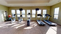 This fitness center offers a bright, welcoming environment designed to support a comprehensive workout experience. The space is finished with warm olive-green walls and durable carpet tile flooring, creating a functional yet comfortable atmosphere throughout.

The cardio area is well-stocked with multiple treadmills, elliptical trainers, and a stair climber, all positioned along a generous bank of windows that frame open outdoor views. Wall-mounted flat-screen televisions are positioned above the equipment, allowing users to stay entertained during their workouts. Natural light floods the room through numerous double-hung windows, enhancing the sense of openness.

A standout feature of the space is the full-length mirror wall that spans one side of the room, visually expanding the interior and providing users with a clear view for form correction during exercise. Ceiling fans are mounted throughout, ensuring comfortable air circulation. The strength training area includes a cable machine, a weight bench, and a medicine ball rack, offering a well-rounded selection of equipment for resistance training.

Recessed lighting and ceiling-mounted HVAC vents ensure year-round comfort, while a clearly marked exit door and fire safety equipment demonstrate attention to safety standards. The overall layout is open and uncluttered, providing ample floor space for stretching or floor exercises.
