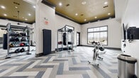 This expansive fitness center offers a generously sized, single-floor layout designed to accommodate a full range of workout activities. The space is divided into distinct functional zones, seamlessly connected under soaring ceilings finished with a striking warm gold tone and framed by bold dark crown molding. Recessed lighting throughout ensures the facility is well-illuminated, complemented by large windows that flood the interior with natural light and offer views of the surrounding outdoor greenery.

The flooring features a distinctive herringbone-patterned carpet tile in neutral tones of blue, grey, and cream, adding a sophisticated visual element underfoot. One zone is dedicated to cardio training, housing a row of spinning bikes, treadmills, and a wall-mounted flat-screen TV for an engaging workout experience. A built-in cubby storage unit provides convenient organization for personal items.

The strength training area is comprehensively equipped with cable machines, multi-function weight stations, a power rack with a punching bag, medicine ball racks, free weights, and adjustable benches. Floor-to-ceiling mirrors line the walls in this zone, amplifying the sense of space. A decorative textured stone accent wall adds an architectural focal point, enhancing the overall upscale ambiance of the facility.