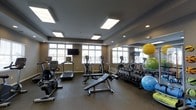 This fitness center is a thoughtfully designed single-floor workout facility that offers a comprehensive exercise environment. The space is brightened by a row of large windows along one wall, allowing abundant natural light to fill the room, while a grid of recessed panel lights and pot lights in the ceiling ensures consistent illumination throughout. The walls are finished in neutral warm-gray tones, contributing to a focused and energizing atmosphere.

The cardio zone is well-appointed, featuring multiple treadmills and elliptical cross-trainers, each equipped with individual display consoles for tracking workout metrics. A wall-mounted flat-screen television is positioned near the windows for entertainment during workouts. The strength training area includes a full rack of graduated dumbbells, providing a wide range of weight options, alongside a sturdy adjustable workout bench. A floor-to-ceiling mirror lines one wall, enhancing the sense of space and allowing users to monitor their form. A collection of stability and medicine balls in various sizes rounds out the functional fitness equipment. Durable rubber flooring throughout ensures safety and comfort during exercise.
