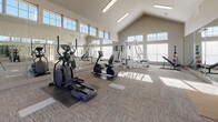 This well-appointed fitness center is designed to offer a comprehensive workout environment within a bright, open layout. The space is defined by soaring vaulted ceilings that create an airy, expansive atmosphere, complemented by rows of large clerestory windows along the upper walls that flood the interior with natural light throughout the day.

The flooring consists of neutral, textured carpet tiles arranged in a geometric pattern, providing comfortable traction underfoot. Floor-to-ceiling mirrors line one full wall, visually doubling the perceived depth of the room while allowing users to monitor their form during exercise.

The cardio zone features multiple treadmills positioned along the mirrored wall, along with elliptical trainers and a recumbent bike, each benefiting from natural light and open sightlines. The strength training area is equipped with a multi-station cable machine, a weight bench, and additional resistance equipment, all arranged to maximize usable floor space.

A set of elegant French doors with glass panes provides access to the space, reinforcing the bright, welcoming character of the room. Medicine balls and other accessories are neatly stored along the walls. The overall ambiance is clean, modern, and functional, suited for a wide range of fitness activities.