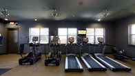 This fitness facility in Lewisville, TX, offers a well-equipped cardio space designed for effective workouts. The room features a row of treadmills and elliptical machines by True Fitness, positioned along a windowed wall that allows natural light to filter in and provides outdoor views of the surrounding landscape. A mounted flat-screen TV is positioned among the cardio machines, adding entertainment options during workouts. The dark-painted walls and ceiling create a focused, gym-like atmosphere, while recessed lighting and ceiling fans with integrated lights ensure the space remains well-lit and comfortable. The carpeted flooring adds a layer of practicality to the layout. The single-story design keeps everything accessible on one level, and the arrangement of equipment allows for an open, uncluttered workout environment.