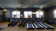 This fitness facility in Lewisville, TX, offers a well-equipped cardio space designed for effective workouts. The room features a row of treadmills and elliptical machines by True Fitness, positioned along a windowed wall that allows natural light to filter in and provides outdoor views of the surrounding landscape. A mounted flat-screen TV is positioned among the cardio machines, adding entertainment options during workouts. The dark-painted walls and ceiling create a focused, gym-like atmosphere, while recessed lighting and ceiling fans with integrated lights ensure the space remains well-lit and comfortable. The carpeted flooring adds a layer of practicality to the layout. The single-story design keeps everything accessible on one level, and the arrangement of equipment allows for an open, uncluttered workout environment.