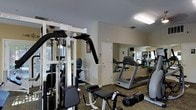 This fitness room is designed to support a comprehensive workout routine within a compact, efficiently arranged space. The room features a multi-station cable and pulley strength training machine prominently positioned on one side, offering a wide range of resistance exercises. Complementing it is a weight bench with leg attachment, ideal for targeted strength training. On the cardio side, a treadmill and additional cardio equipment, including what appears to be a stationary bike, provide options for aerobic exercise. A large wall-mounted mirror spans one side of the room, enhancing the sense of space and allowing users to monitor their form during workouts. The flooring consists of a durable, textured carpet suited for a fitness environment. Overhead, flush-mounted fluorescent lighting ensures the room is well-lit throughout. Natural light filters in through a window on one side, contributing to a pleasant workout atmosphere. The neutral, beige-toned walls and gray ceiling create a clean and focused environment. A white interior door provides access to an adjoining area, and a small decorative plant adds a subtle touch of life to the corner of the room.
