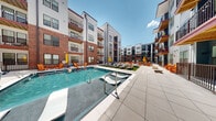 Located at 1601 Overbrook Rd in Richmond, Virginia, this contemporary amenity clubroom offers a well-appointed communal space designed for both relaxation and social gathering. The interior showcases soaring double-height ceilings with an open mezzanine level overlooking the main floor, creating a grand, airy atmosphere. A dramatic floor-to-ceiling fireplace serves as the focal point of the lounge area, flanked by bold artistic wall treatments featuring flowing linear patterns. Comfortable seating, including a vibrant blue sectional sofa and accent chairs, invites residents to unwind, while a billiards table adds a recreational touch. Light wood-tone flooring runs throughout, complementing the modern, mixed-material aesthetic. An adjacent dining area features upholstered banquette seating, a natural wood dining table, and large floor-to-ceiling windows that flood the space with natural light and provide direct views of the outdoor courtyard. A sleek kitchenette with marble-style countertops and bar seating completes the entertaining space. Outside, a resort-style pool courtyard is surrounded by lounge chairs, yellow-accented umbrellas, and lush turf areas, all enclosed by the architecturally striking multi-story brick and panel building exterior with private balconies above.