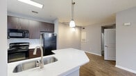 Located at 221 Fairforest Way in Greenville, SC, this single-level, one-bedroom, one-bathroom residence offers a well-designed layout that maximizes its comfortable footprint. The open-concept kitchen and living area serves as the heart of the home, featuring a peninsula with a white quartz countertop, undermount sink, and dark espresso cabinetry. Black and stainless steel appliances complement the modern aesthetic, while light tile flooring grounds the kitchen space. Pendant lighting and a track light fixture add stylish illumination throughout. The living area transitions seamlessly from the kitchen, showcasing warm hardwood-style flooring, neutral gray walls, and large windows dressed with white blinds that invite abundant natural light and outdoor views. A ceiling fan adds functionality to the airy space. The bedroom is generously sized, finished with plush carpet, a ceiling fan, and a window overlooking the neighborhood. It connects directly to the full bathroom, which features a dark vanity with granite-style countertop, tile flooring, and a well-lit mirror. Two closets and a dedicated laundry area provide practical storage and convenience. Clean, contemporary finishes and a cohesive neutral palette give the entire residence a polished, move-in-ready feel.