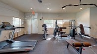 This fitness center offers a comprehensive workout environment designed to accommodate a wide range of exercise routines. The space is laid out on a single floor with carpeted flooring throughout, providing a comfortable surface underfoot. Recessed lighting illuminates the room evenly, while multiple windows fitted with blinds allow natural light to filter in, creating a bright and energizing atmosphere.

The cardio zone is well-appointed, featuring several treadmills, elliptical trainers, and a stationary bike — predominantly Life Fitness branded equipment — arranged to maximize floor space and ease of movement. A wall-mounted flat-screen television is positioned near the treadmill area for entertainment during workouts.

The strength training section includes a multi-station cable machine, a weight bench with a leg extension attachment, and additional resistance machines suited for a variety of muscle groups. A dedicated free weights area includes a dumbbell rack stocked with a full range of weights. Stability balls are also available for functional training exercises.

Floor-to-ceiling mirrors line one wall, visually expanding the space and allowing users to monitor their form during workouts. A fire extinguisher and emergency exit signage are clearly visible, reflecting attention to safety. The overall ambiance is clean, functional, and well-maintained, making it a practical and inviting space for daily fitness routines.