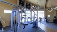 This fitness center offers a thoughtfully designed workout environment that balances functionality with aesthetic appeal. The space is outfitted with commercial-grade Hoist strength-training machines and multiple treadmills, providing a comprehensive range of exercise options. Large floor-to-ceiling windows line the perimeter, flooding the room with natural light and offering open views of the surrounding exterior, creating an airy and energizing atmosphere. Stone or masonry columns frame the window bays, adding an architectural character that elevates the space beyond a typical gym setting. The elevated ceiling height enhances the sense of openness, while a striking sputnik-style chandelier serves as a decorative focal point, complementing the modern aesthetic. A ceiling fan adds practical ventilation to keep the space comfortable during workouts. The flooring features a patterned, durable gym-appropriate surface, and mirrored walls along one side visually expand the room while allowing users to monitor their form. Overall, the space combines high-end equipment, abundant natural light, and refined architectural details to create a welcoming and fully functional fitness environment.