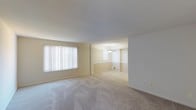 This single-floor residence offers a clean, functional layout designed for comfortable everyday living. The main living area is generously proportioned, featuring soft, neutral-toned wall-to-wall carpeting that adds warmth underfoot and contributes to a calm, inviting atmosphere throughout the space. A large window dressed with vertical blinds allows an abundance of natural light to filter in, brightening the room and creating an airy, open feel.

The living area flows seamlessly into a dedicated dining space, distinguished by a classic ceiling light fixture that adds a subtle decorative touch. The dining area features a chair rail detail along the walls, lending a layer of architectural character to the otherwise understated interior. Consistent neutral wall tones and carpeting unify both areas, creating a cohesive aesthetic from one end of the space to the other.

The overall design is practical and versatile, offering a blank canvas well-suited for a variety of furnishing styles and personal touches. The open sightlines between the living and dining areas enhance the sense of space and connectivity, making the layout ideal for both everyday living and casual entertaining. The space is bright, well-maintained, and thoughtfully designed with simplicity and functionality at its core.