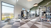 This contemporary fitness center is thoughtfully designed to accommodate a wide range of workout styles and training needs. The main gym area features soaring vaulted ceilings that create an open, airy atmosphere, enhanced by an abundance of natural light streaming through large floor-to-ceiling windows that offer views of the surrounding landscape. A bold geometric-patterned carpet in neutral tones of gray, brown, and white adds a distinctive visual element underfoot throughout this zone.

The main area is well-equipped with multiple treadmills, elliptical trainers, a stair climber, a rowing machine, and a multi-station cable strength machine. A tiered dumbbell rack provides a comprehensive range of free weights, while a punching bag station adds a combat training option. An accent wall clad in textured green paneling lends a modern, sophisticated touch.

An adjoining studio space features light wood-look flooring, full-length mirrored walls, and a wall-mounted flat-screen TV, making it ideal for group classes or individual training. This room is stocked with stability balls, medicine balls, resistance bands, and balance trainers. A dedicated equipment closet and a hydration station with a water fountain complete the thoughtfully appointed facility.