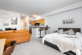 This single-floor studio-style unit offers a thoughtfully designed open-concept layout that seamlessly integrates the living, sleeping, and kitchen areas into one cohesive space. The kitchen is outfitted with warm-toned wood cabinetry, stainless steel appliances including a range, microwave, and dishwasher, and a peninsula breakfast bar with seating for two — ideal for casual dining or working from home. Light wood-style flooring grounds the kitchen area, which transitions into plush wall-to-wall carpeting throughout the main living and sleeping spaces. Large windows along one wall flood the room with natural light and provide views of the surrounding streetscape, enhancing the open, airy atmosphere. The living area accommodates a full seating arrangement alongside a dedicated workspace, while the sleeping area offers ample room and direct access to the windows. A hallway leads to a walk-in closet with built-in shelving, providing generous storage. The bathroom features a clean, minimal design with light gray walls, wood-toned cabinetry, and hardwood-style flooring. Throughout, the unit maintains a consistent palette of soft neutrals and warm wood tones, creating a comfortable and functional living environment.