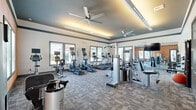 Located in Tavares, Florida, this fitness center offers a thoughtfully designed workout space that combines functionality with a modern aesthetic. The single-room layout is generously sized, providing ample floor space to accommodate a wide variety of exercise equipment without feeling crowded.

The space features a tray ceiling with integrated accent lighting and large ceiling fans, contributing to a comfortable and well-ventilated environment. Patterned carpet tile flooring covers the entire workout area, offering both durability and visual appeal. Multiple windows along the perimeter walls flood the space with natural light and provide views of the surrounding outdoor areas, including a glimpse of a pool area visible from one section of the room.

The equipment selection is comprehensive, including multiple treadmills, elliptical trainers, stair climbers, and a stationary bike for cardiovascular workouts. A full array of strength-training machines—including cable systems, a leg press, and various selectorized units—lines the space alongside free weights and a weight bench. Wall-mounted mirrors on one side visually expand the room and assist users during strength training. Flat-screen televisions are mounted at convenient viewing angles throughout the space.

The clean white and gray color palette, accented by a bold orange textured wall, creates an energetic yet professional atmosphere well-suited for daily fitness use.