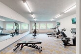 Located at 5722 Sunnybrook Dr in Sioux City, Iowa, this well-appointed exercise room offers a comprehensive fitness experience in a bright, efficiently organized space. The room is finished with clean white walls, a textured ceiling, and patterned multi-tone carpet tiles that add a contemporary touch to the floor throughout.

Natural light fills the space through a row of large windows along one wall, providing views of the surrounding greenery and creating an open, energizing atmosphere. Overhead, a series of fluorescent strip lights ensure consistent, even illumination throughout the room.

The fitness area is equipped with a variety of cardio machines, including a treadmill, elliptical trainer, stationary spin bike, and a rowing machine, all thoughtfully arranged to allow comfortable usage. A multi-station cable machine anchors the strength-training section, complemented by an adjustable workout bench and a dumbbell rack stocked with free weights in varying sizes.

A wall-length mirror spans one side of the room, visually expanding the space while allowing users to monitor their form during workouts. A wall-mounted flat-screen television provides entertainment during exercise sessions. The room is accessible via multiple doorways and includes climate control units along the base of the windows, ensuring year-round comfort for users.