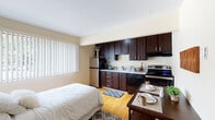 This single-floor studio is designed to maximize functionality within a compact footprint. The open-concept main area seamlessly integrates the sleeping, dining, and living zones, all unified by warm hardwood flooring and neutral beige walls that contribute to a bright, cohesive atmosphere.

The kitchen is a standout feature, outfitted with rich dark espresso cabinetry extending to the ceiling for substantial storage. Appliances include a stainless steel refrigerator, an electric range, a dishwasher, and an under-cabinet range hood, all complemented by light-toned countertops and a single-basin sink. A dining table positioned nearby provides a practical eat-in space.

The living area accommodates a seating arrangement and includes a wall-mounted air conditioning unit and baseboard heating, ensuring year-round comfort. A large window with vertical blinds admits natural light into the main space. A fireplace adds an additional architectural element to the room.

The bathroom is accessible via a short hallway and features hardwood-style flooring, a shower-tub combination with a curtain, and clean white fixtures. A closet is also visible near the entryway, offering dedicated storage. The textured ceiling is consistent throughout the unit.