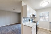 Located at 1557 Terrell Mill Rd SE in Marietta, Georgia, this one-bedroom, one-bathroom residence offers a well-organized layout across a single floor. The combined kitchen and living area forms the heart of the home, where a thoughtfully updated kitchen showcases white shaker cabinetry, granite-style countertops, a gray subway tile backsplash, and stainless steel appliances including a refrigerator, electric range, and dishwasher. Light wood-style flooring runs throughout the kitchen and living areas, adding warmth and visual continuity. The living room is open and airy, benefiting from a sliding glass door that fills the space with natural light and provides direct access to a private outdoor patio. The spacious primary bedroom features plush carpeting, a natural light window, and a convenient in-unit closet with washer and dryer hookups already in place. The bathroom is clean and functional, equipped with a full tub-shower combination and wood-style flooring. Textured ceilings are consistent throughout the unit, and neutral gray walls provide a versatile backdrop. This efficiently designed residence offers practical, comfortable living with modern finishes in a convenient Marietta location.