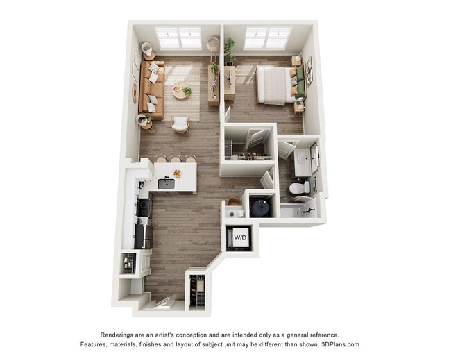 The Moselle, 1/1, 848 SF | Charming 3D floor plan featuring 1 bedroom, a cozy open-concept living space, modern kitchen, and elegant bathroom. - Integra Avalon