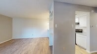 This 600 square foot apartment at Addison Apartments At The Park offers a thoughtful layout maximizing space and comfort. The single bedroom, measuring 160 square feet, provides ample room for rest and relaxation, complete with a ceiling fan and large window for natural light and airflow. The bathroom features a full-sized bathtub with shower, modern fixtures, and a clean, white aesthetic.

The heart of the apartment is its open-concept kitchen and living area. The kitchen, while compact, is efficiently designed with white cabinetry, a full-sized refrigerator, and a range with oven. The living room seamlessly connects to the kitchen, creating a spacious feel ideal for entertaining or everyday living. A ceiling fan in this area aids in air circulation.

Throughout the apartment, wood-look flooring adds warmth and durability. Large windows in both the bedroom and living area flood the space with natural light, while neutral-toned walls provide a blank canvas for personal decor. Built-in storage solutions, including closets and shelving, offer practical organization options. The overall design emphasizes functionality without sacrificing style, making it an ideal living space for those seeking a modern, low-maintenance home.