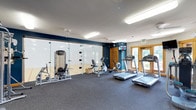This fitness center offers a comprehensive workout environment designed to accommodate a variety of exercise needs. The space is anchored by a rubberized flooring surface ideal for high-impact activity, and is illuminated by bright fluorescent lighting that ensures excellent visibility throughout. The cardio area is outfitted with multiple treadmills, stationary upright and recumbent bikes, and a rowing machine, providing ample options for aerobic training. Strength training is supported by a dedicated cable and weight machine station. A standout feature is the glass-walled racquetball court adjacent to the main floor, offering an additional athletic amenity visible from the workout area. The walls are finished in a bold navy blue accent color, lending the space a modern, energetic aesthetic. A wall-mounted television keeps members entertained during workouts. Natural light filters in through wood-framed glass doors and windows along one wall, creating a welcoming atmosphere. The facility also includes a ceiling fan for added ventilation and comfort. Exit signage and safety equipment are clearly visible, reflecting a commitment to accessibility and safety standards throughout the space.