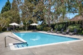 This outdoor amenity space centers around a generously sized rectangular swimming pool with clear, blue-tinted water and a smooth concrete surround. Entry into the pool is facilitated by a stainless steel handrail and a shallow step-in area, making access convenient and safe. The pool deck is spacious, accommodating multiple woven lounge chairs paired with small side tables, providing comfortable spots for sunbathing and relaxation. Patio umbrellas offer additional shade for residents seeking relief from the sun.

A dedicated poolside structure with a gabled, shingled roof serves as a utility and amenity building, featuring an attached pergola-style overhang. This building provides practical poolside support, likely housing restrooms or storage. Safety equipment, including a life ring, is mounted nearby.

The surrounding landscape is a notable feature, with tall, established trees forming a natural canopy overhead and dense, manicured hedgerows creating a sense of privacy and enclosure. Ivy and flowering shrubs line the perimeter, contributing to the lush, garden-like atmosphere. The backdrop includes the multi-story residential building, whose neutral stucco exterior and balconies overlook the pool area. The overall ambiance is serene, green, and resort-like, ideal for outdoor leisure.