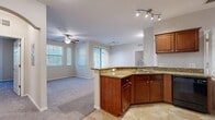 Located at 13564 Cypress Glen Ln in Tampa, FL, this well-appointed 2-bedroom, 2-bathroom single-floor residence offers a functional and comfortable layout. The open-concept kitchen and living area serves as the heart of the home, where rich warm-toned cabinetry pairs with granite countertops and a peninsula with a built-in sink — ideal for both cooking and casual dining. The kitchen is fully equipped with black appliances, including a refrigerator, range, and over-the-range microwave, set atop large-format tile flooring. Track lighting illuminates both the kitchen and the adjacent living area, which features plush carpeting, a ceiling fan, and sliding glass doors that invite natural light and provide outdoor access. Each bedroom offers comfortable carpeted floors; the primary bedroom is generously sized with a walk-in closet featuring multi-tier wire shelving, while the secondary bedroom includes a bifold-door closet. The primary bathroom showcases a dual-sink granite vanity, tile flooring, and a glass-enclosed shower. A dedicated in-unit laundry room accommodates a full-size washer and dryer. This home combines practical amenities with tasteful finishes throughout.