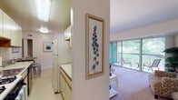 This single-floor residence offers a thoughtfully designed layout that balances comfort and functionality throughout its key living spaces. The living room serves as the centerpiece of the home, featuring plush wall-to-wall carpeting, neutral-toned walls, and an expansive wall of floor-to-ceiling sliding glass doors that flood the space with natural light and provide direct access to a private balcony. The balcony overlooks lush, tree-lined surroundings, creating a serene outdoor retreat. The kitchen is efficiently arranged with ample upper and lower cabinetry, a gas range, built-in microwave, and a refrigerator. A compact dining area with a bistro-style table and bar stools sits adjacent to the kitchen, making the most of the available space. The bedroom is generously sized with soft carpeting, a large window that invites natural light and garden views, and ample room for a full dresser and workspace. The bathroom features classic white tile work surrounding a full soaking tub and shower combination. Throughout the residence, a cohesive, light color palette and tasteful decorative accents contribute to a calm and welcoming ambiance.
